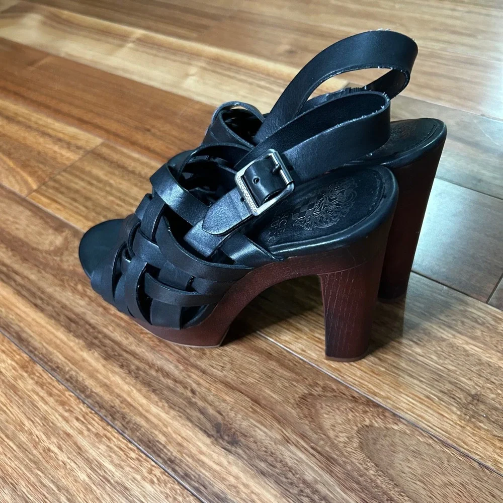 Vince Camuto Black Leather Woven Platform Block Heel Slingback Sandals 8.5M